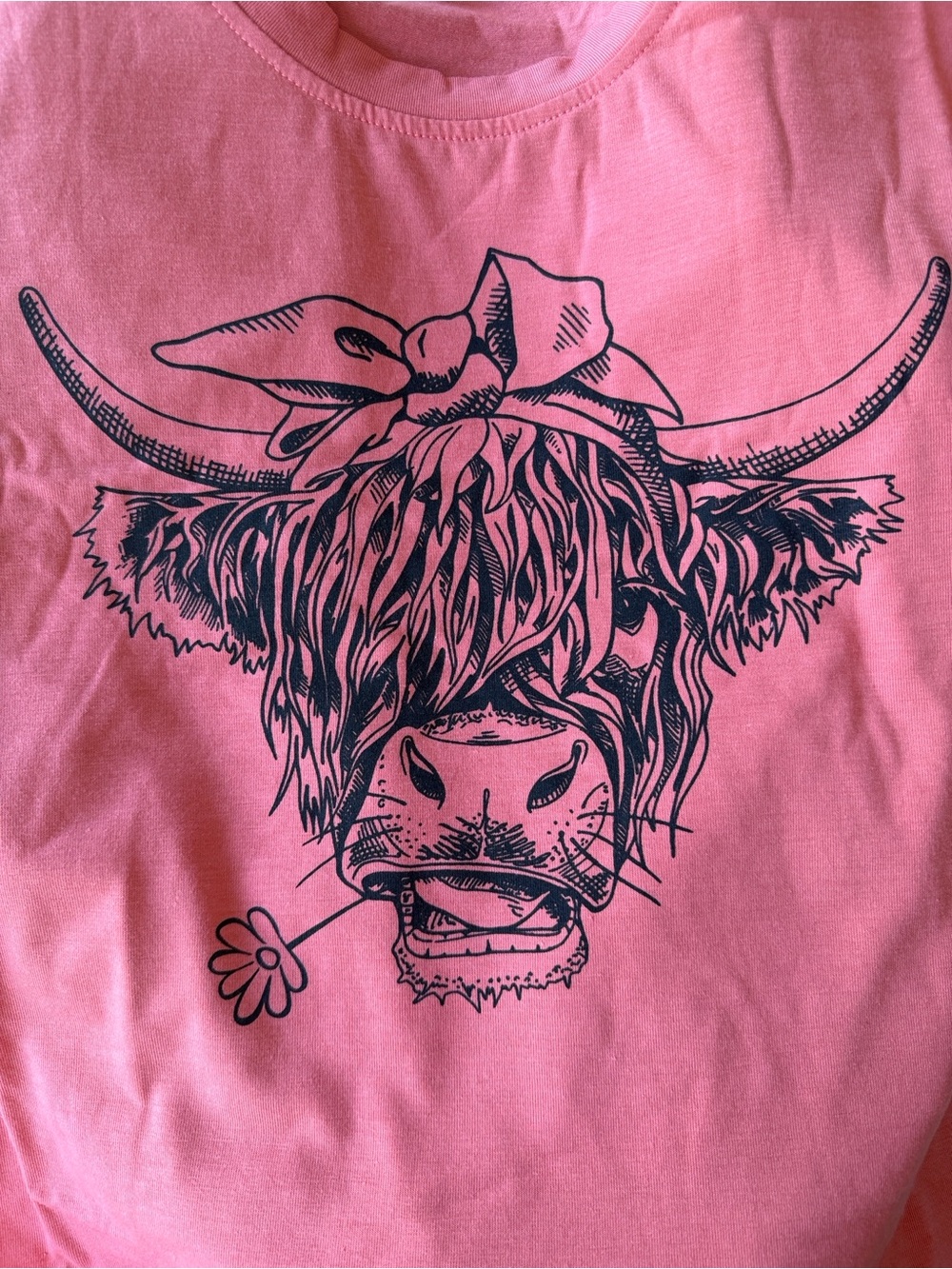 Pink Graphic Tee with Highland Cow Illustration